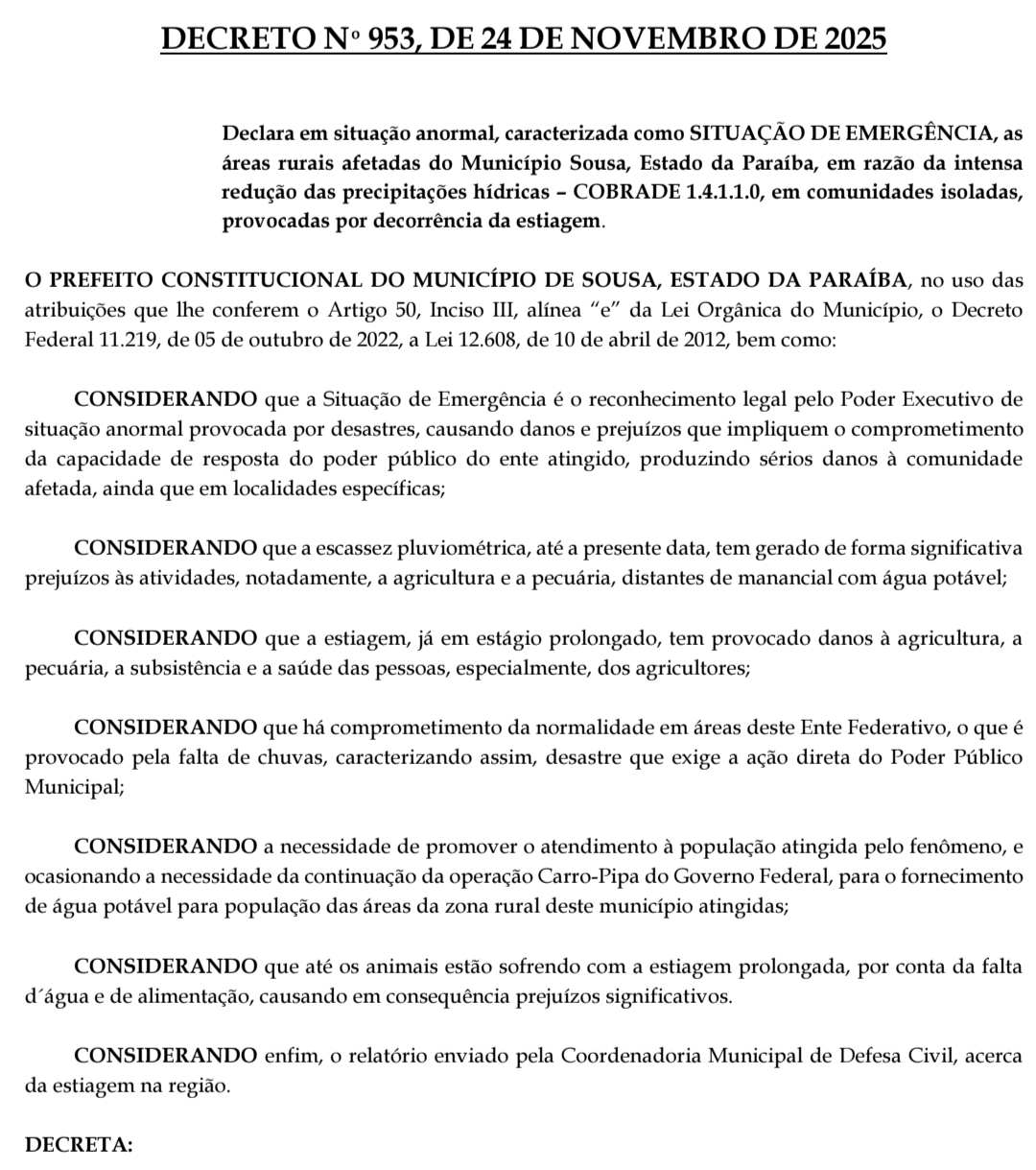 Município de Sousa Decreta Situação de Emergência Devido à Estiagem e Seca